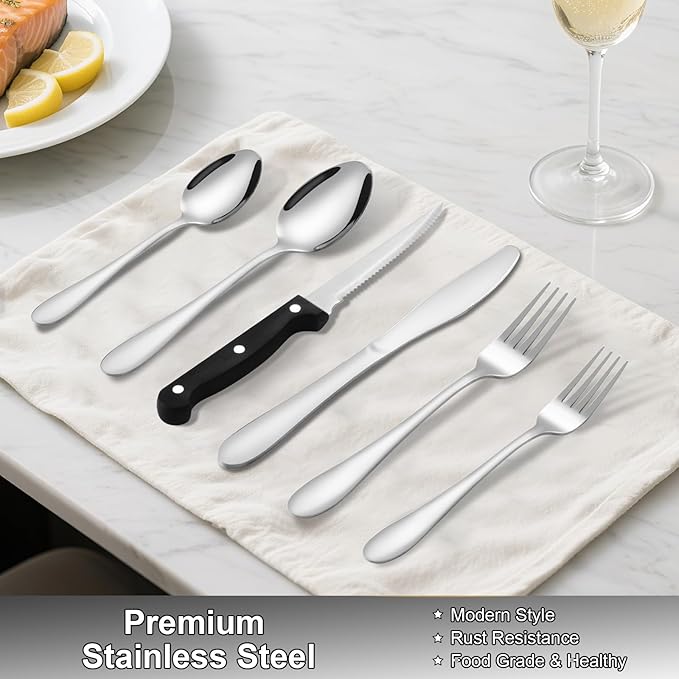 61Pcs Silverware Set with Organizer, Silver Stainless Steel Flatware Set for 10 Cutlery Utensil Sets with Steak Knives, Spoons and Forks Set, Dishwasher Safe