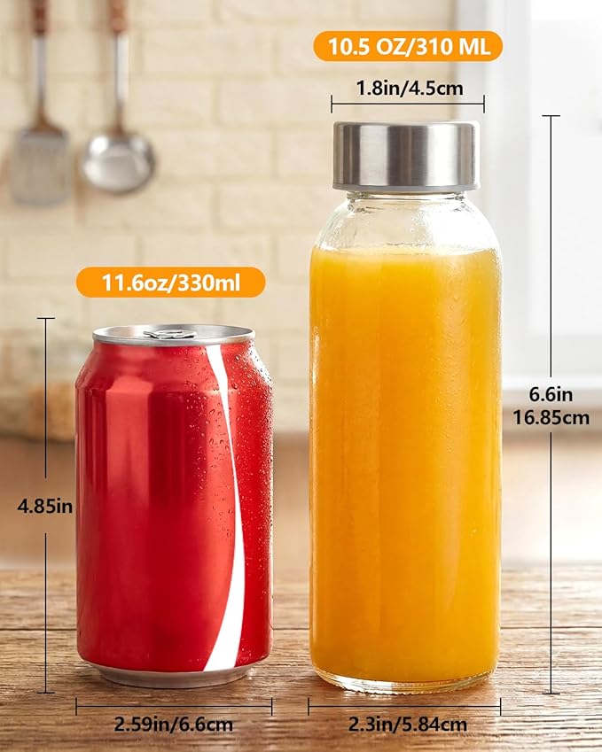 Zukro Glass Water Bottles with Lids 10.5 oz, 8 Pack Clear Reusable Glass Small Juice Bottles With Stainless Steel Cap for Juicing, Milk, Ginger Shot, BPA-Free Leak Proof 300ml Drinking Container Jar