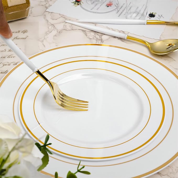 N9R 90PCS Gold Plastic Silverware - Gold Plastic Cutlery Set with White Handle, Heavy Duty Plastic Silverware with 30 Spoons, 30 Forks, 30 Knives - Perfect for Birthday Party, wedding and Everyday Use