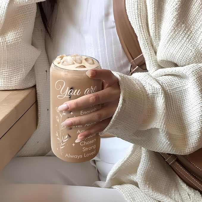 SANDJEST Inspiration Glass Can, Positive Motivational Cup with Lid & Straw, Iced Coffee Aesthetic Cups, Idea Gift for Christmas Birthday Mother Day, Gifts for Women, 16oz