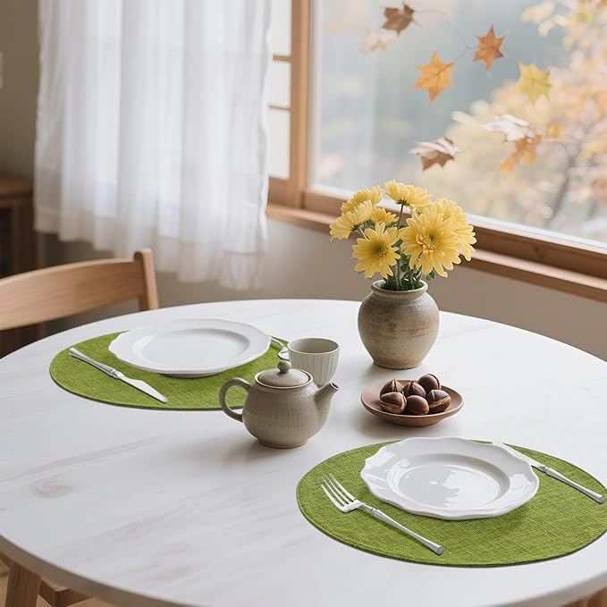homing 15 Inch Round Cloth Placemats Set of 6, Cotton Linen Blend Washable Table Mats, Farmhouse Dining Place Mats for Indoors & Outdoors, Easy to Clean, Grass Green