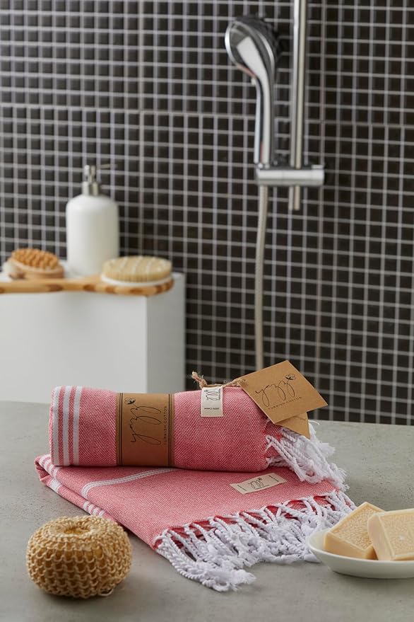 Hand Towels - Set of 2, 18" x 30" inches, Decorative Peshtemal Cotton Hand Towels for Kitchen, Bath, Guest, Face, Hair, Gym, Yoga, Dishcloth, Travel (Coral)