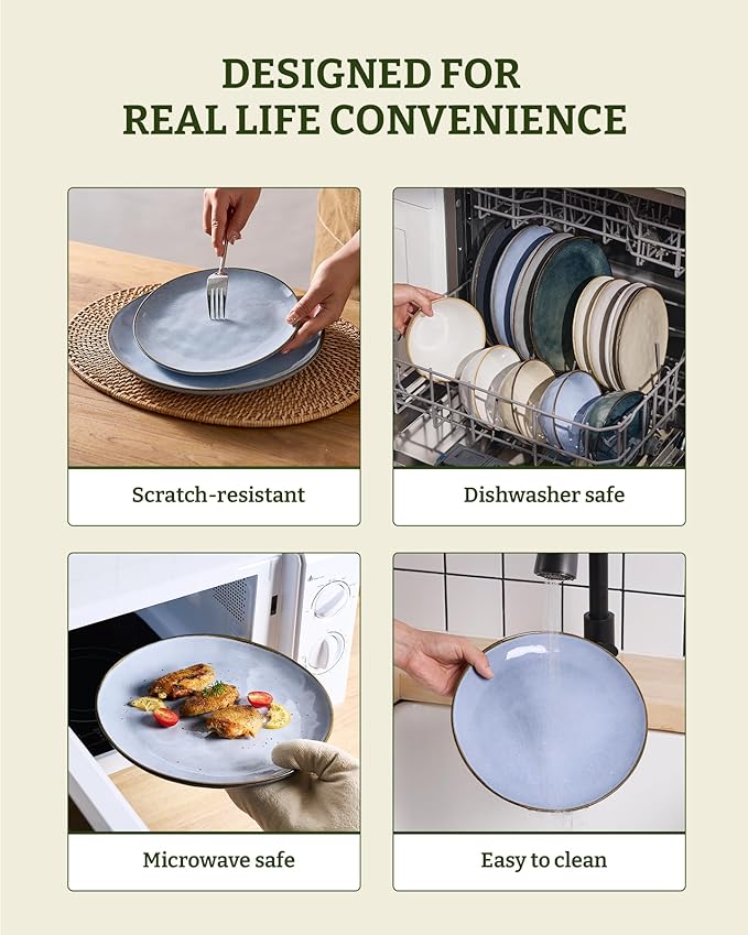 Famiware Dinnerware Sets for 8, Ocean Round 24-Piece Kitchen Plates and Bowls Sets, Reactive Glaze, Microwave and Dishwasher Safe, Scratch Resistant, Blue