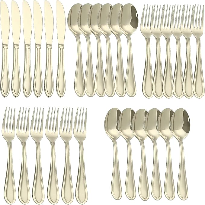 Champagne Silverware Set, 30-Piece Stainless Steel Champagne Flatware, 18/0 Stainless Steel Utensils, Dishwasher Safe, Modern Tableware for Home & Kitchen Dining