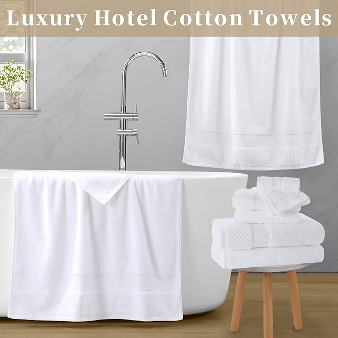 Durable Towel Set for Bathroom, Set of 8(2PC Bath 31"x62",2PC Hand 18"X30",4PC Wash 12"X12") - 100% Cotton | Thick 560GSM | Quick Dry | Soft | Absorbent, Luxury Hotel Towels for Shower, White