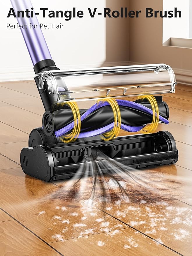 Cordless Vacuum Cleaner, 46KPa/500W Stick Vacuum with 55 Mins Runtime, Self-Standing Vacuum Cleaner for Home, LED Display, Anti-Tangle Brush, Rechargeable Vacuum for Hardwood Floor, Pet Hair (Violet)
