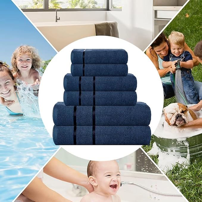 CASA COPENHAGEN Eternal 6 Pieces Towel Set- Navy Blue, 500 GSM 2 Bath Towel 2 Hand Towel 2 Washcloth, Designed in Denmark Made of Soft Egyptian Cotton for Bathroom, Kitchen & Shower