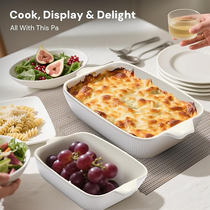 Bakeware Casserole Oven Dishes Baking - 3pcs Ceramic Rectangular Oven Serving Sets,(10.3/12.4/14.7)Stoneware Cookware Pan, Porcelain White Thanksgiving Ware for Cooking Lasagna (Pink)