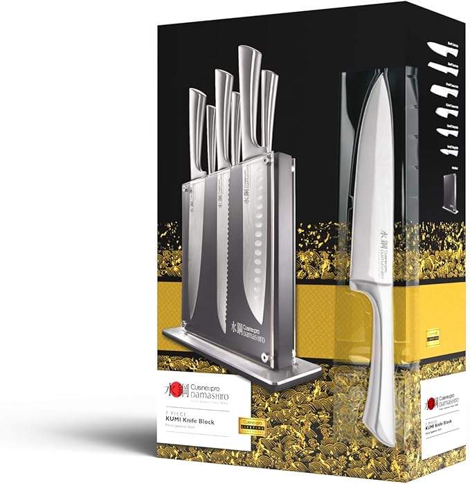 Cuisine::pro Damashiro Knife Block (Kumi, 7-Piece Chef Knife Set) - Japanese Steel Knife - Magnetic Knife Block- Damascus-Inspired Blade Kitchen Knives