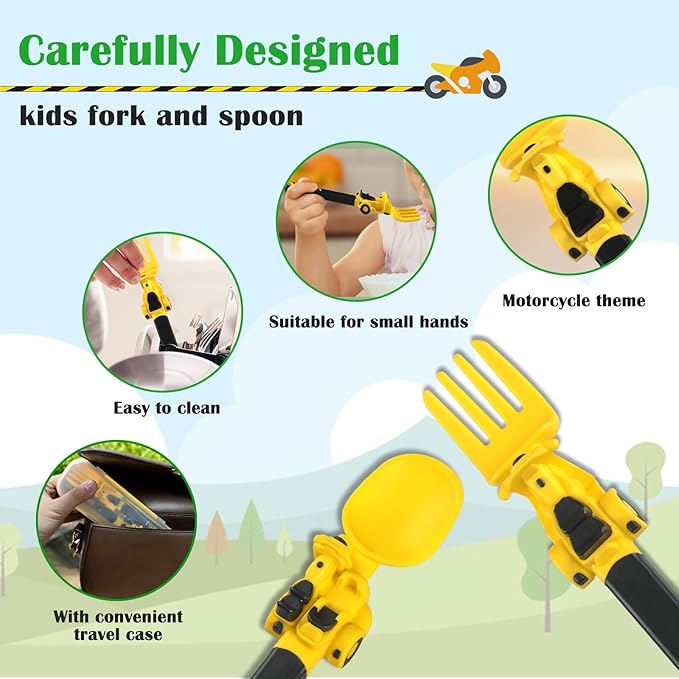 Construction Utensils for Toddlers - Motorcycle Toddler Forks - for Halloween Utensils Gift - Forks and Spoons Silverware Set - Christmas Gift for 1 2 3 4 5 year old - Yellow