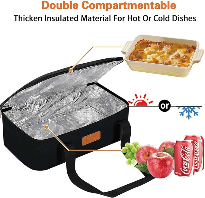 LHZK Insulated Casserole Carriers for Hot or Cold Food, Lasagna Holder Tote for Potluck Parties, Beach, Picnic, Travel, Fits 11x15 or 9x13 Dish (Black)
