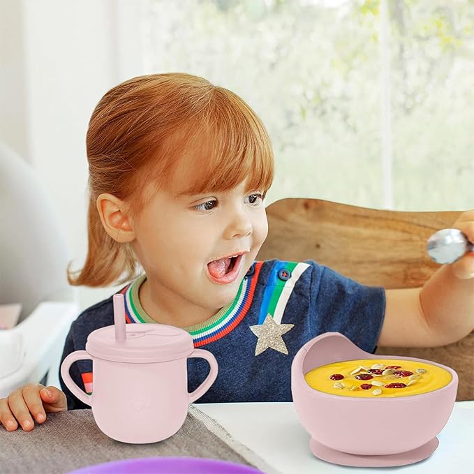 100% Silicone baby feeding set,BPA free Baby dishes set with Suction Bowl Divided Plate,Toddler Self Feeding Dish Set with Spoons Forks Sippy Cup And Bib, Baby Eating Utensils (Lilac)