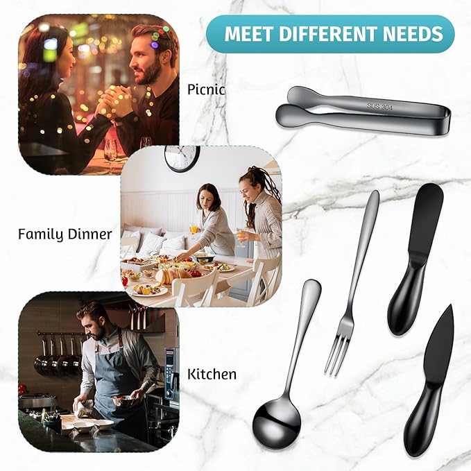 Patelai Charcuterie Board Accessories Cheese Spreader Knife Set Charcuterie Utensils Butter Knife Stainless Steel Mini Serving Tongs Spoons Appetizer Forks for Pastry Christmas(Black,20 Pieces)