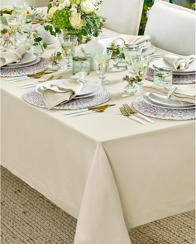 Solino Home Linen Tablecloth 52 x 52 Inch - 100% Pure Linen Birch Square Tablecloth - Fete, Machine Washable Table Throw