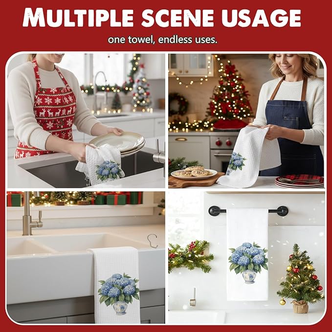 Blue and White Chinoiserie Kitchen Towels,Floral Hydrangea Fingertip Decor Hand Towels for Bathroom Clearance,Waffle Farmhouse Porcelain Decor for High End Hostess Gifts-A08