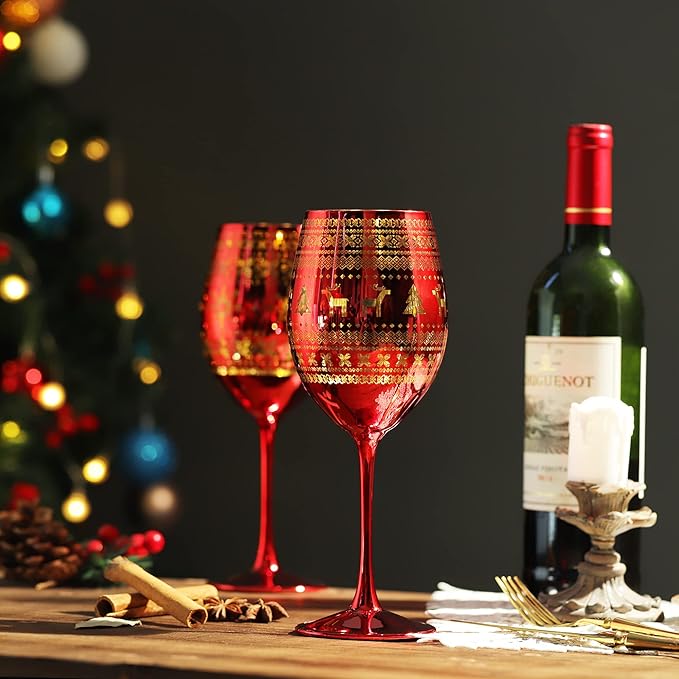 Joeyan Christmas Wine Glasses with Stem, 19.5 oz Large Burgundy Wine Glasses, Red Handmade Wine Glass Tumblers, Xmas Tree Elk and Snowflake Patterned, Set of 2, Great for Christmas and Gifts