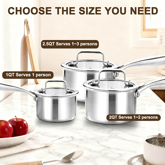 1Qt and 2Qt Triple Stainless Steel Saucepan with Lid, Ramen Pot with Clear Glass Cover, Small Sauce Pan for Cooking Oatmeal, Induction-Ready, Dishwasher-Safe, Suitable for All Stoves
