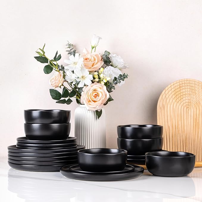 AmorArc Ceramic Dinnerware Sets, Wavy Rim Stoneware Plates and Bowls Sets, Highly Chip and Crack Resistant | Dishwasher & Microwave & Oven Safe Dishes set, Service for 4 (12pc)-Matte Black