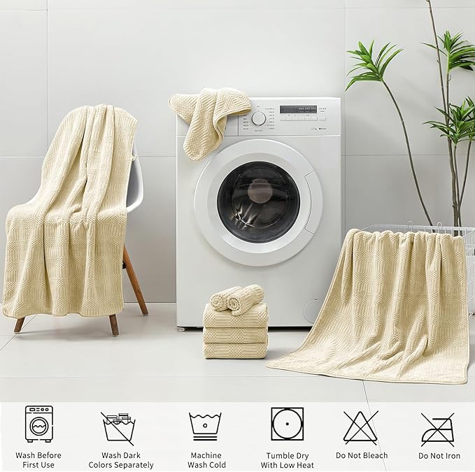 18 Pcs Yellow Woven Family Towels Set-6 Bath Sheets,6 Hand Towels,6 Washcloths Soft Polyester Towels Absorbent Shower Towel Quick Dry Beach Chair Towel Lint Less Towels Set for Bathroom Spa Gym Hotel