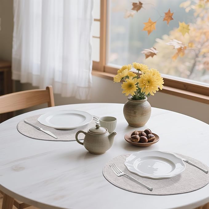 homing 15 Inch Round Cloth Placemats Set of 6, Cotton Linen Blend Washable Table Mats, Farmhouse Dining Place Mats for Indoors & Outdoors, Easy to Clean, Beige