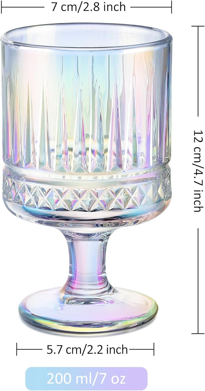 Joeyan Vintage Iridescent Wine Glasses,Embossed Water Goblet Glasses with Diamond Patterns,Rainbow Decorative Striped Stemmed Glass Tumbler Cups,Glassware for Party Wedding Anniversary,7 oz,4 pcs