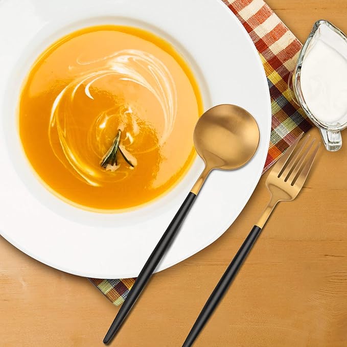 Matte Gold Silverware Set with black handle, Vanys 30 Piece Stainless Steel Cutlery Flatware Set, Kitchen Utensil Sets for 6, Tableware With Knife Spoons And Forks Set, Satin Finished Polished