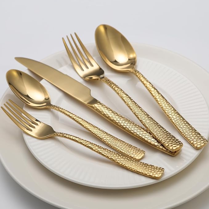Gold Hammered Silverware Set, 40 Piece Stainless Steel Flatware Set for 8, Food-Grade Tableware Cutlery Set for Home Restaurant, Mirror Polished, Dishwasher Safe