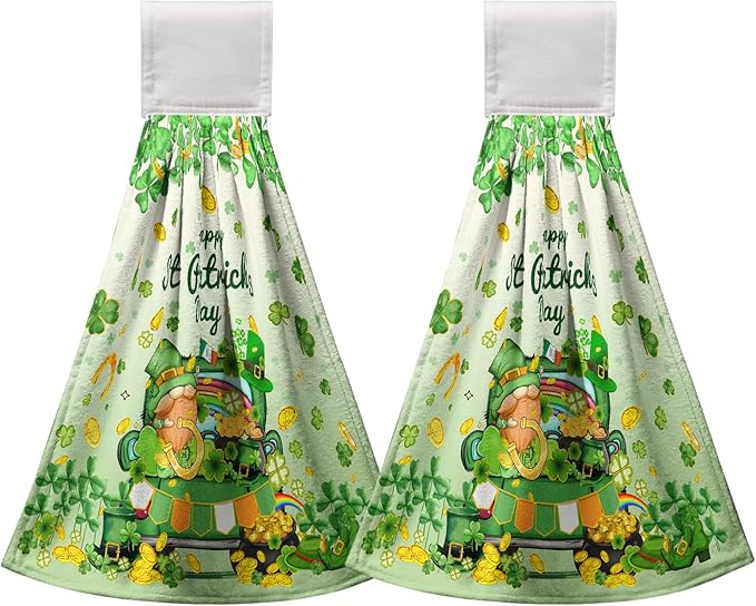 St. Patrick's Day Shamrock Kitchen Towel with Loop Lucky Gnomes Truck Hanging Hand Towels St Patricks Green Spring Hanging Dish Tea Towels for Home Holiday Decor