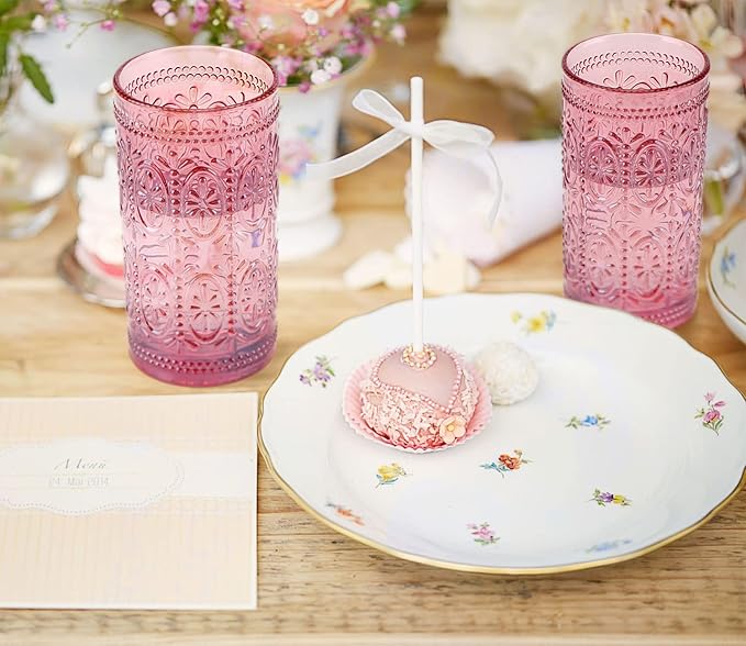 Drinking Highball Beverage Glass Cup, Vintage Drinking Glasses, Colored Glassware Set for Party Wedding Home Office Gift, Set of 4 ,Pink