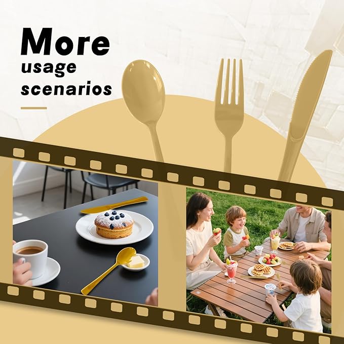 300 Pack Disposable Plastic Silverware, Heavy Duty Gold Plastic Cutlery Set Includes 100 Forks 100 Knives 100 Spoons for Birthday Wedding Party Picnics (300, Gold)