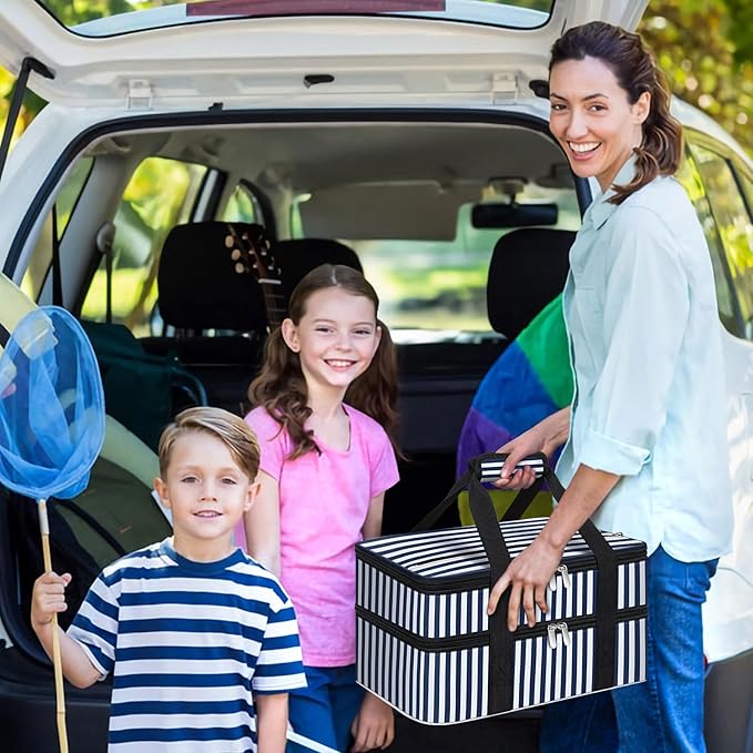 Double Insulated Casserole Carrier, Portable Casserole Carrier for Hot or Cold Food Lunch Tote Warmer or Cooler Bag, Lasagna Lunch Bag for Potluck Parties- Fits 9" x 13" Baking Dish-Blue Stripes