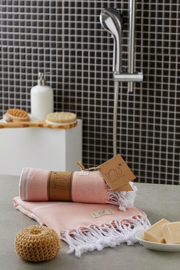 Hand Towels - Set of 2, 18" x 30" inches, Decorative Peshtemal Cotton Hand Towels for Kitchen, Bath, Guest, Face, Hair, Gym, Yoga, Dishcloth, Travel (Salmon)