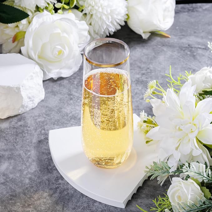 Ciaell 24 Pack Gold Plastic Champagne Flutes - 9 Oz Disposable Champagne Glasses - Stemless Mimosa Glass for Parties & Weddings & Birthdays & Christmas