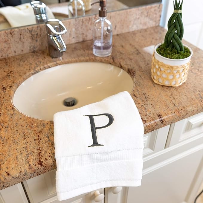 Dark Gray Monogrammed Hand Towel for Bathroom - Initial Hotel Quality Decorative Embroidered Luxury Towel for Powder Room, Spa - GOTS Organic Certified - Set of 2 Letter P