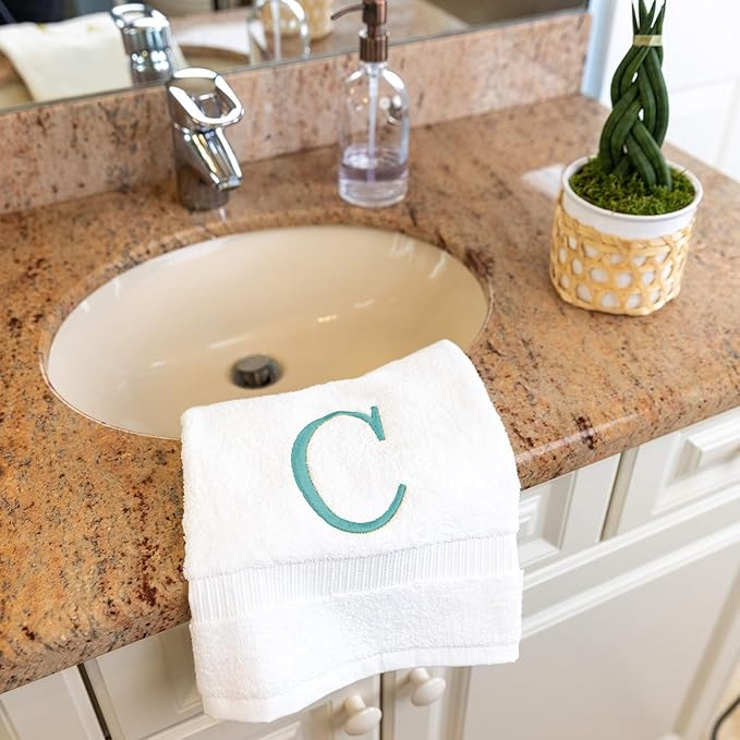 Teal Initial Hand Towel for Bathroom - Monogrammed Luxury Hotel Quality Decorative Embroidered Towel for Powder Room, Spa - GOTS Organic Certified - Set of 2 Letter C