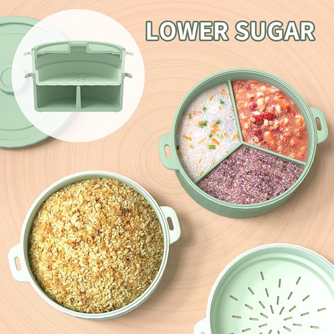 2-Tier Silicone Microwave Steamer, Divided Compartments with Lid, Stackable Food Container, Sage Green