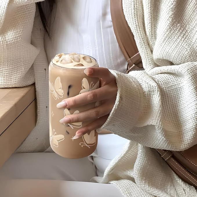 SANDJEST Butterfly Glass Can, Iced Coffee Aesthetic,Cup, Gifts for Christmas Birthday, Gift for Women Girls, 16oz