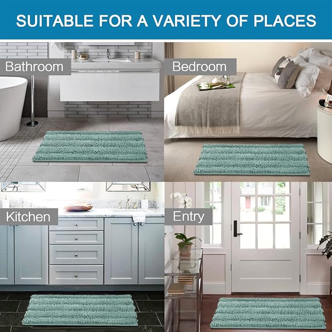 H.VERSAILTEX Bath Mats for Bathroom Non Slip Extra Thick Chenille Striped Bath Rug 24" x 36" Absorbent Non Skid Fluffy Soft Shaggy Rugs Washable Plush Mats for Indoor, Bath Room, Tub - Eggshell Blue