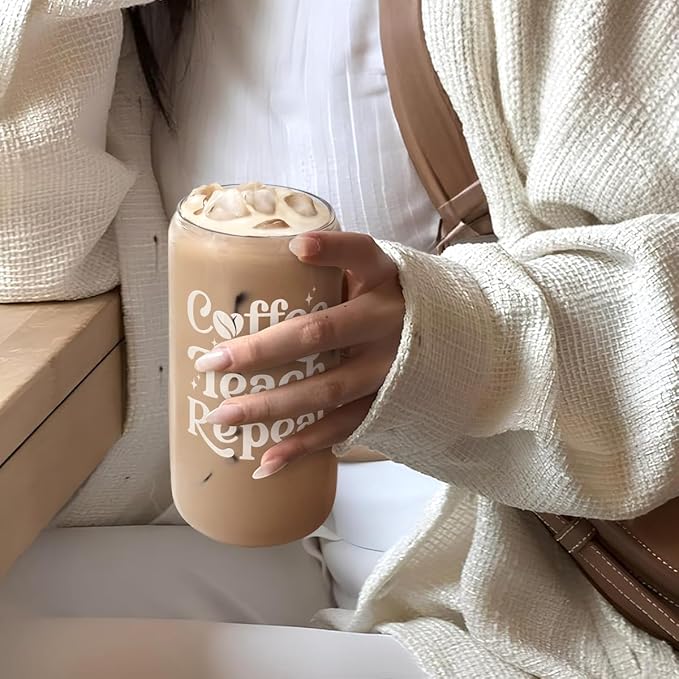 SANDJEST Teacher Glass Can, Coffee Teach Repeat Cup, Coffee Aesthetic Cups, Gift for Christmas Thanksgiving Birthday Teacher Appreciation, Gifts for Women, 16oz