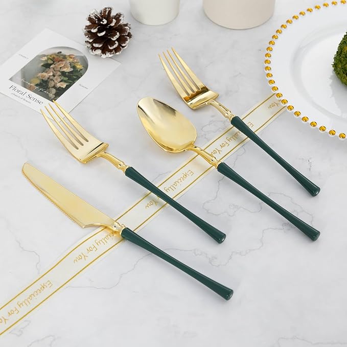 Lullaby 150pcs Gold Plastic Silverware, High End Disposable Cutlery with Dark Green Handle Include 50 Forks, 50 Spoons, 50 Knives, Elegant Silverware for Wedding, Party, Gathering and Daily Use