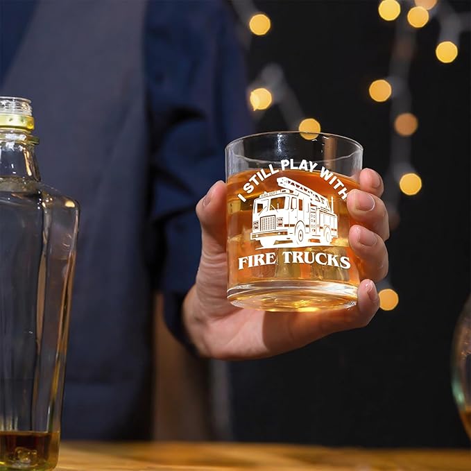 Futtumy Firefighter Gifts for Men, I Still Play With Trucks Whiskey Glass, Fireman Retirement Gifts, Funny Birthday Father's Day Christmas Gift for Firefighter Fireman, 10 Oz Old Fashioned Glass