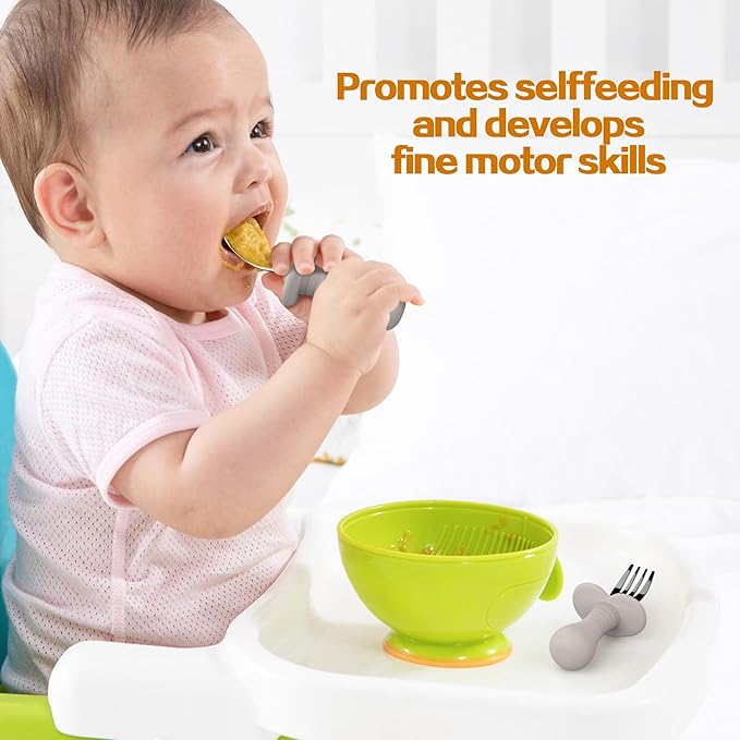 4 Pieces Toddler Utensils, Kids Silverware Set with Silicone Handle, 18/8 Stainless Steel Children Safe Forks and Spoons, BPA Free, Anti-Choke Design (Lite Blue, Grey)