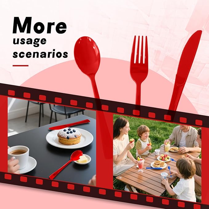 300 Pack Disposable Plastic Silverware, Heavy Duty Red Plastic Cutlery Set Includes 100 Forks 100 Knives 100 Spoons for Birthday Wedding Party Picnics (300, Red)