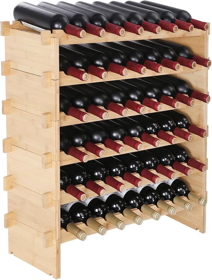 VEVOR 6-Tier 48 Bottles Stackable Modular Wine Rack, Freestanding Wines Holder Display Shelf, Solid Bamboo Wood Storage Racks, Wobble-Free Shelves for Kitchens, Dining Rooms, Cellars, Natural Color