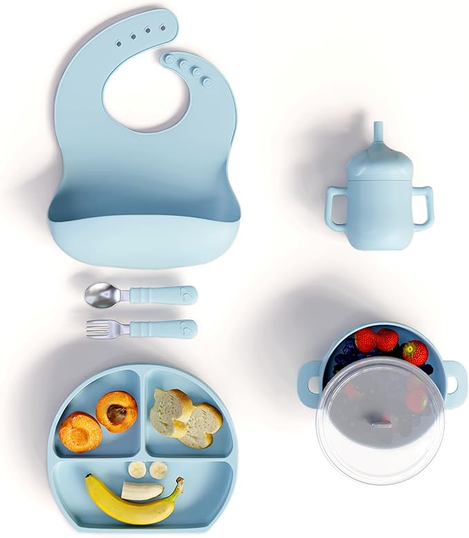 mimi & kiki BPA-Free Silicone Baby Feeding Set, Baby Plates and Bowls Set, Baby Led Weaning Supplies, Silicone Suction Plate, Baby Utensils, Bib and Cup, Self Feeding, Dishwasher Safe (Light Blue)