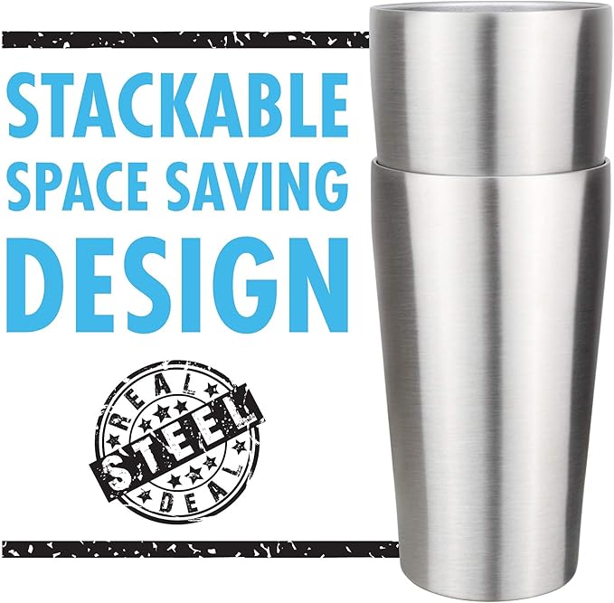 Stainless Steel Vacuum Insulated Pint Glasses - Set of 4 Pint Cups for Outdoors 16oz with Lids