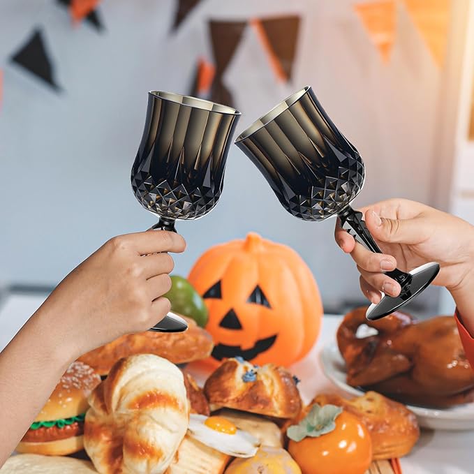 XUWAIDSGN 7oz Plastic Vintage Wine Glasses Drinking Glasses Unbreakable Wedding Glassware Crystal Water Goblets Reusable Drinkware Vintage Champagne Flutes (48, Black)