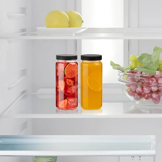 Glass Juice Bottles with Lids and Straws, 16 Oz - Set of 2 Reusable Clear Cups - For Drinking Smoothie, Iced Coffee, Juicing, Matcha, Water, Kombucha and More