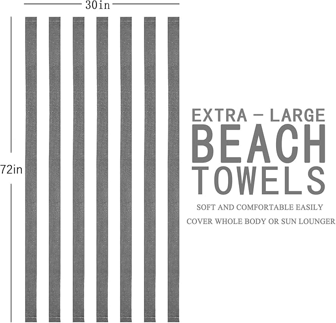 Genovega 6 Packs Oversized Stripe Beach Towel Thin Terry Set Extra Large XL Big Clearance Soft Super Absorbent Swim Towels Pool Bath Travel Accessories Essentials Bulk Men Women Adults Gift Grey