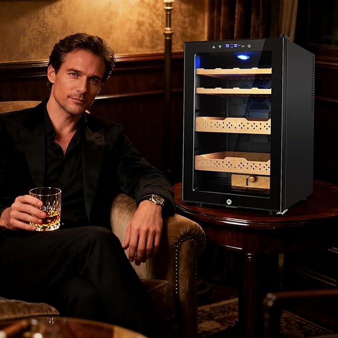 Electric Humidor-70L Cooling & Heating Humidor, Smart Touch Control Humidity & Temp, Humidors wtih Spanish Cedar Wood Tray, Digital Display, Safety Lock, Desktop Gift for Men